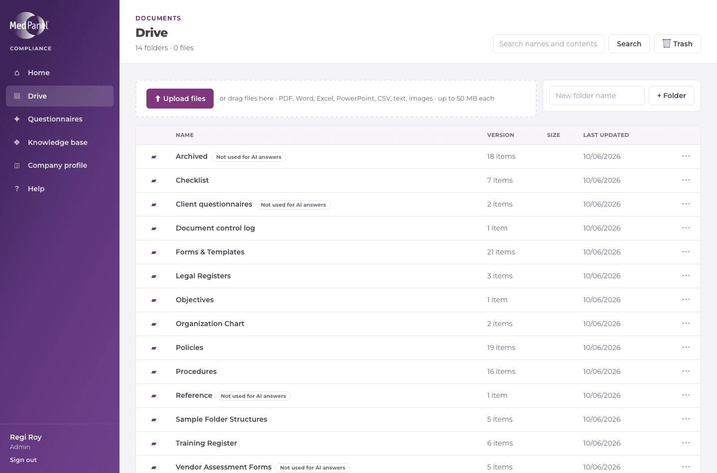 Drive: a list of folders such as Policies and Procedures, with Upload files and New folder at the top