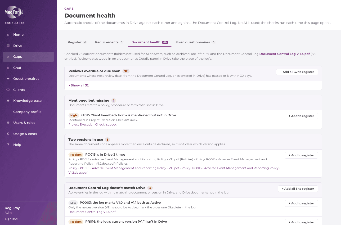 Document health: Reviews overdue or due soon, with each document, its due date and an Add to register button