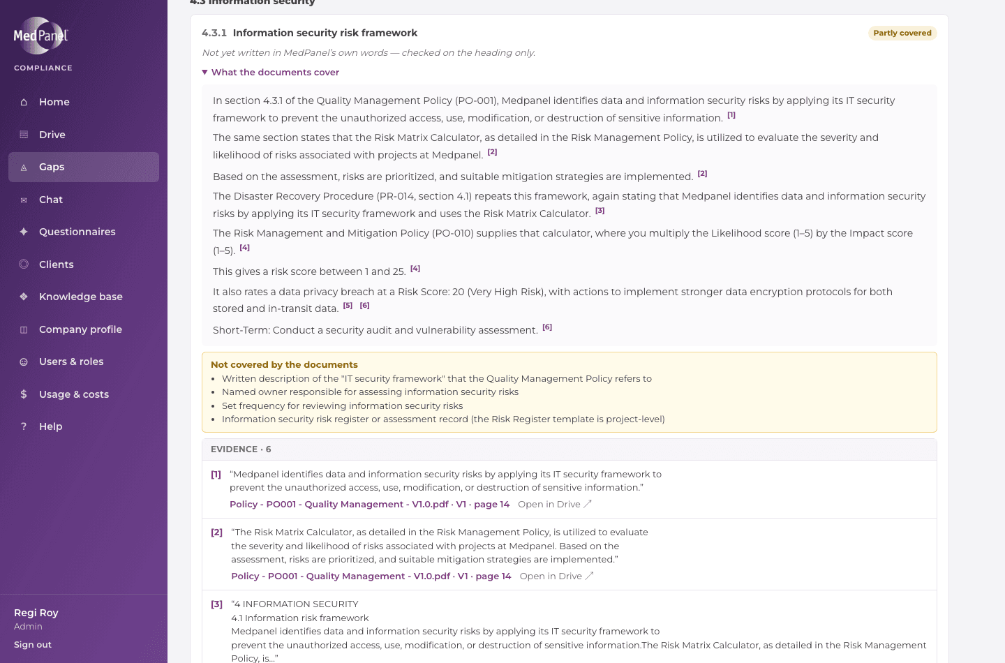A requirement marked Partly covered: what the documents say with source numbers, the Not covered by the documents list, and the quoted evidence with links to Drive