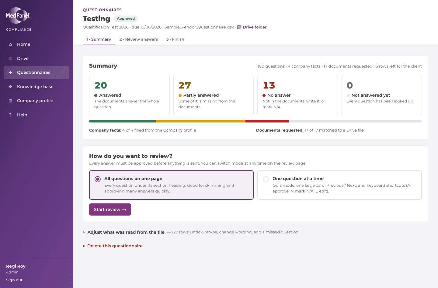 Summary: counts of answered, partly answered, no answer and not answered yet, and the choice of review mode