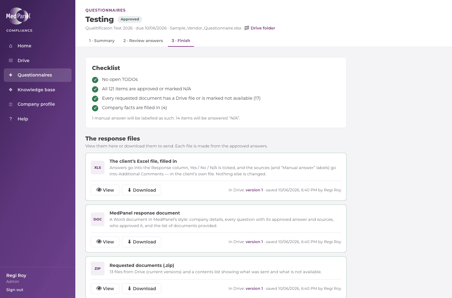 Finish: the checklist all green, and the Excel, Word and zip files with View and Download buttons